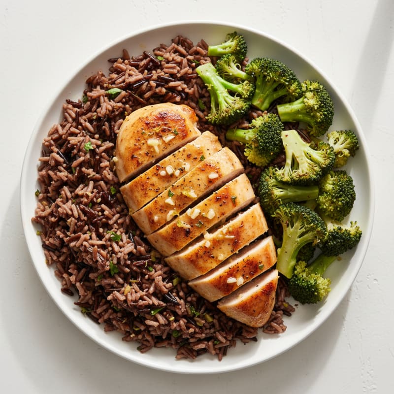 Lemon Garlic Pan Seared Chicken with Steamed Broccoli and Wild Rice