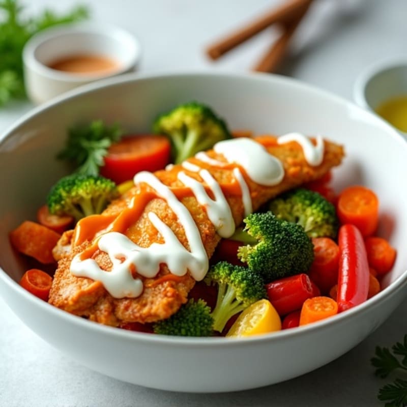 Creamy Buffalo Chicken and Roasted Veggie Bowl