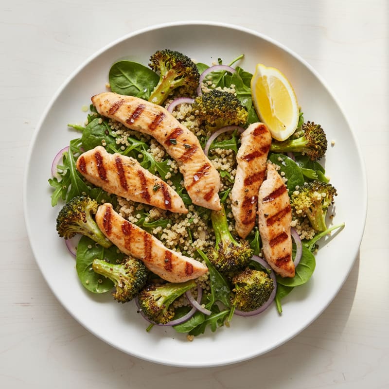 Grilled Chicken Breast Salad with Quinoa and Roasted Broccoli