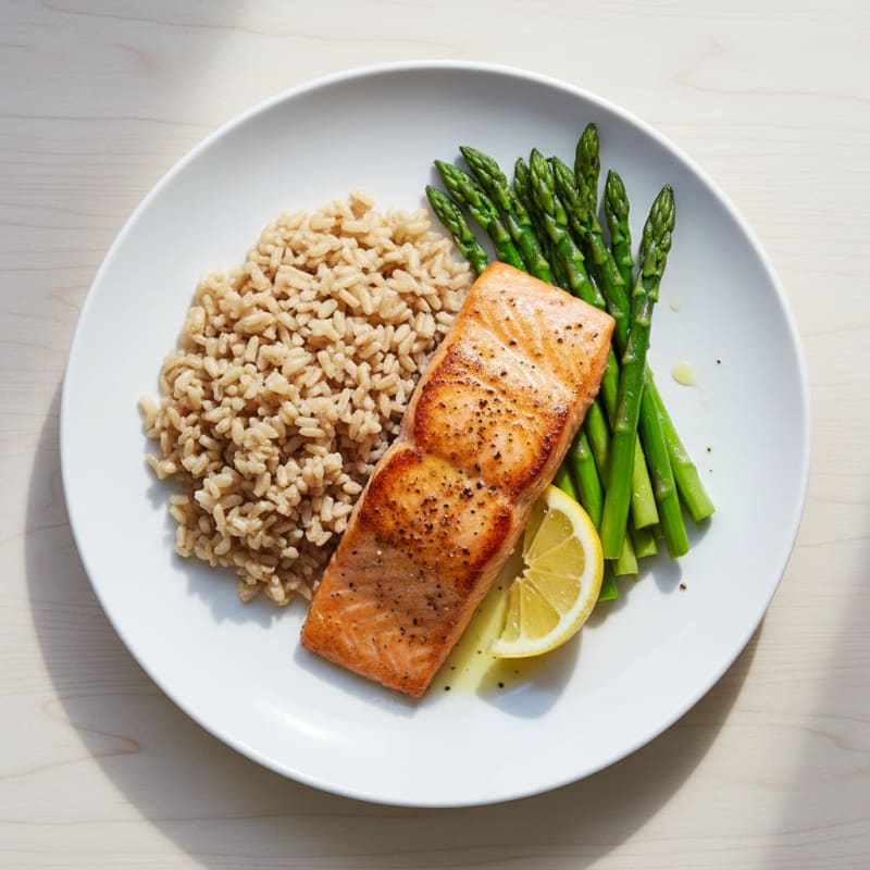 Seared Salmon Fillet with Steamed Asparagus and Brown Rice