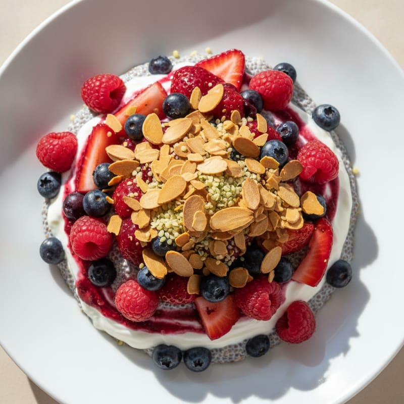 Greek Yogurt Chia Seed Parfait with Mixed Berries and Almonds