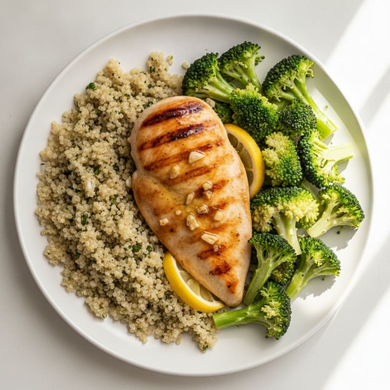 Grilled Lemon Garlic Chicken Breast with Steamed Broccoli and Quinoa