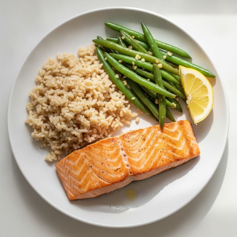 Seared Salmon with Garlic Green Beans and Brown Rice