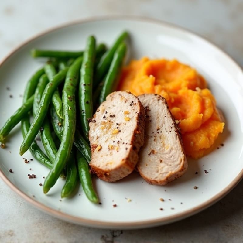 Seared Turkey Tenderloin with Steamed Green Beans and Sweet Potato Mash