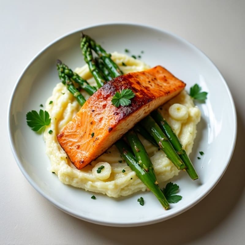 Seared Salmon with Steamed Asparagus and Cauliflower Mash