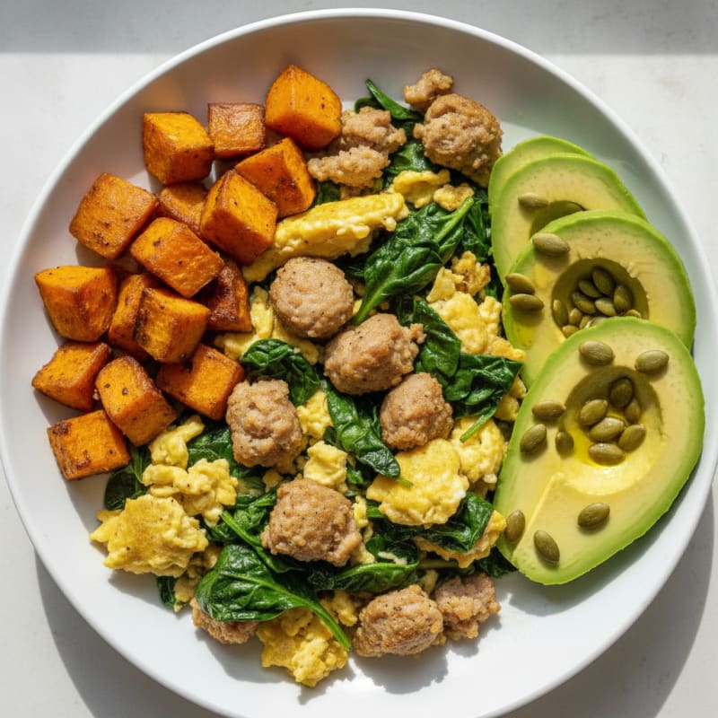 Scrambled Eggs with Spinach and Turkey Sausage