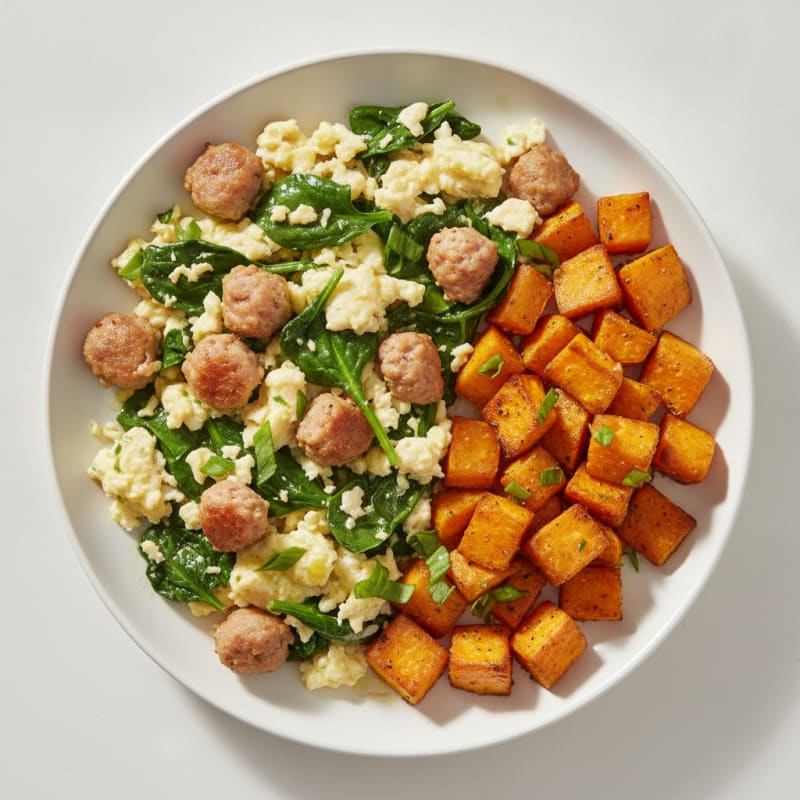 Egg White and Turkey Sausage Scramble with Spinach and Roasted Sweet Potato