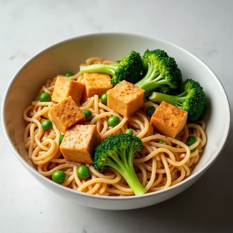 Creamy Vegan Peanut Noodles with Crispy Tofu and Fresh Broccoli