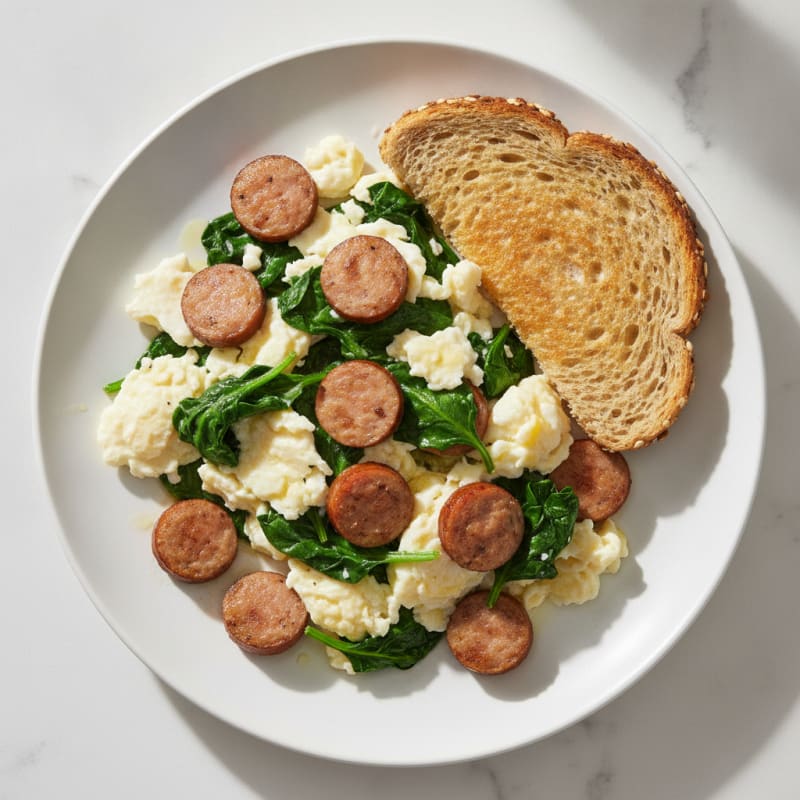 Scrambled Egg Whites with Turkey Sausage and Sautéed Spinach