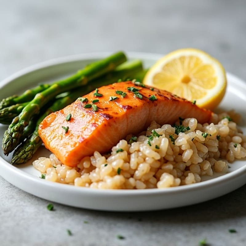 Seared Salmon with Steamed Asparagus and Brown Rice