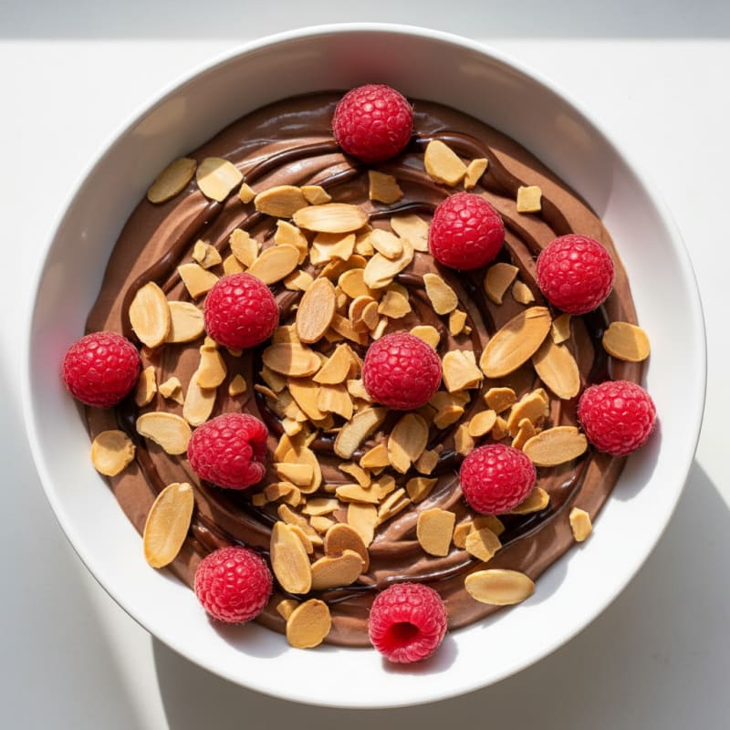 Creamy Greek Yogurt with Chocolate Protein Powder and Sliced Almonds