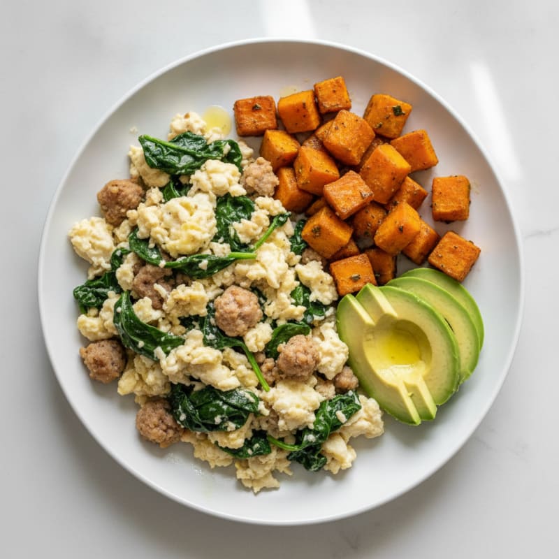 Egg White Spinach Scramble with Turkey Sausage