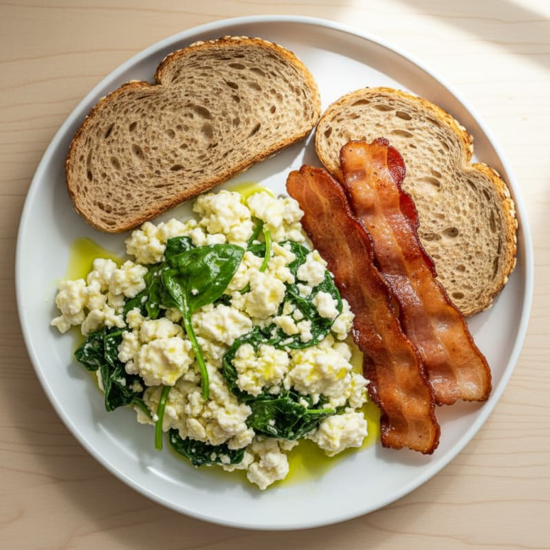 Cottage Cheese Scramble with Spinach and Turkey Bacon