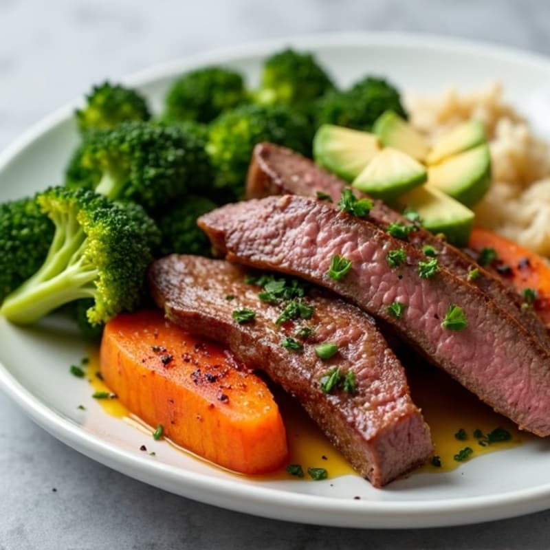 Seared Beef Strips with Roasted Sweet Potato and Steamed Broccoli