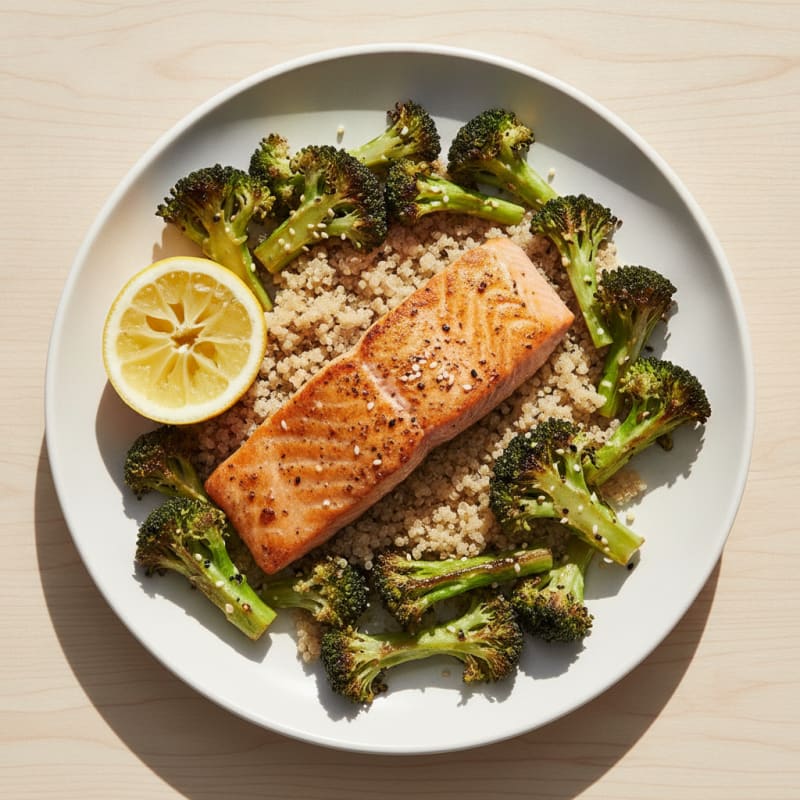 Seared Salmon with Roasted Broccoli and Quinoa