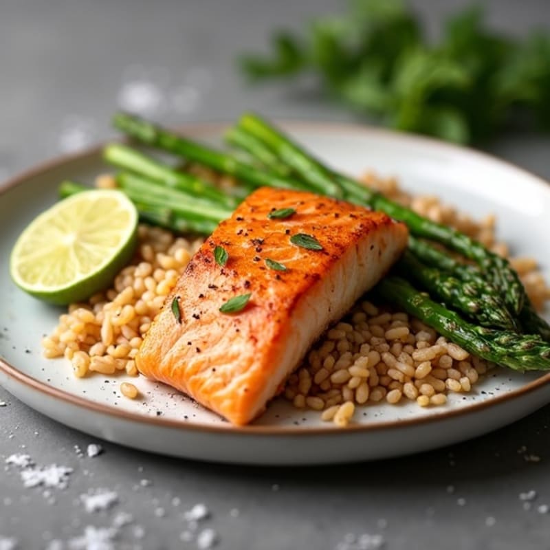 Seared Salmon with Steamed Asparagus and Brown Rice