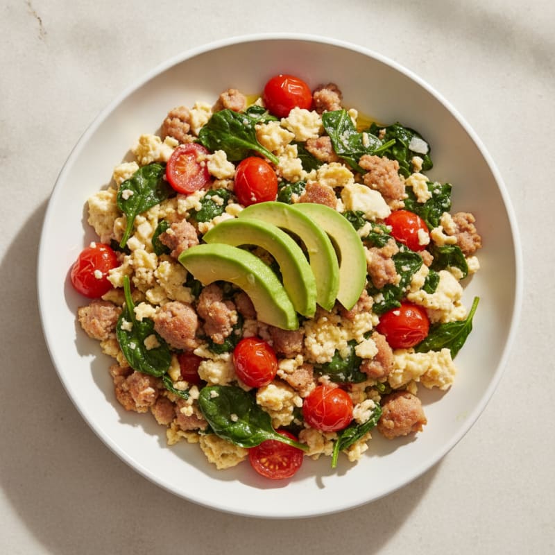 Egg White and Turkey Sausage Scramble with Spinach and Cherry Tomatoes