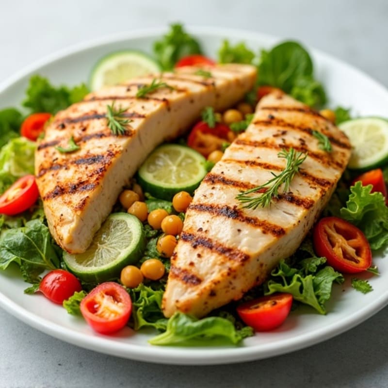 Grilled Chicken Breast Salad with Chickpeas and Crunchy Vegetables