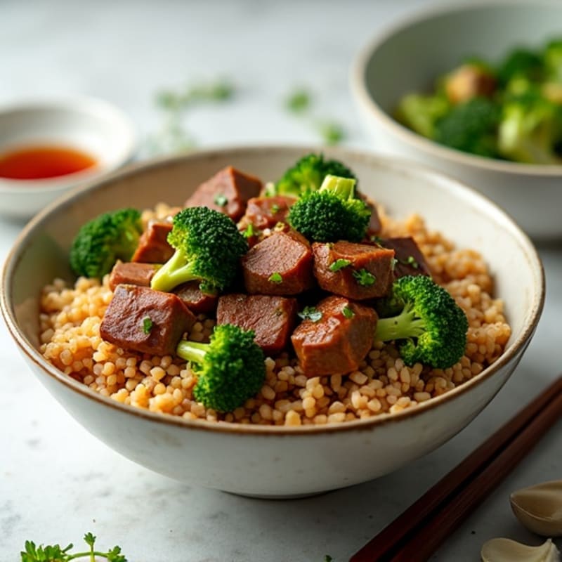 Garlic Ginger Beef and Crispy Broccoli Brown Rice Bowl
