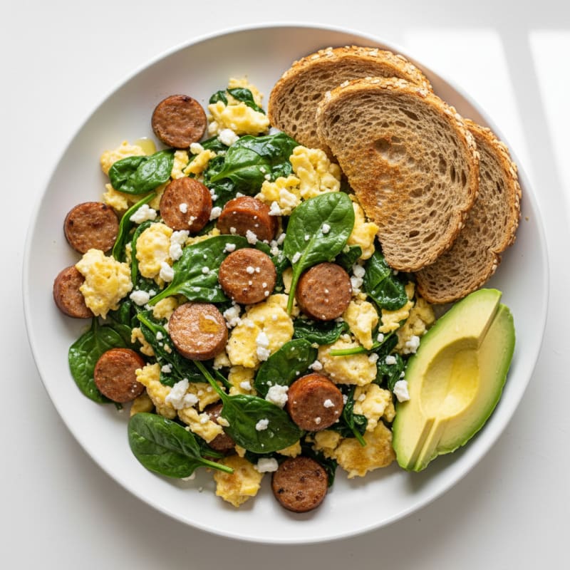 Egg White and Turkey Sausage Scramble with Spinach and Feta