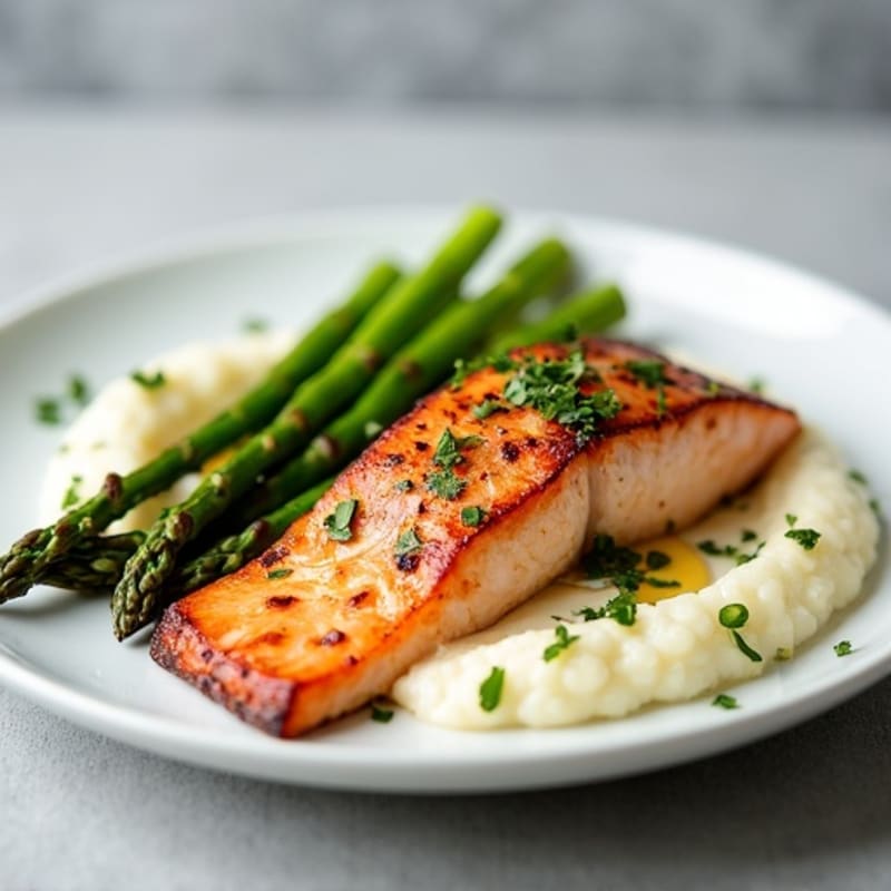 Seared Salmon with Roasted Asparagus and Cauliflower Mash