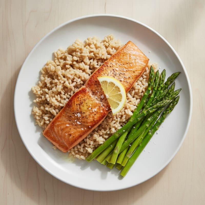 Seared Salmon Fillet with Steamed Asparagus and Brown Rice