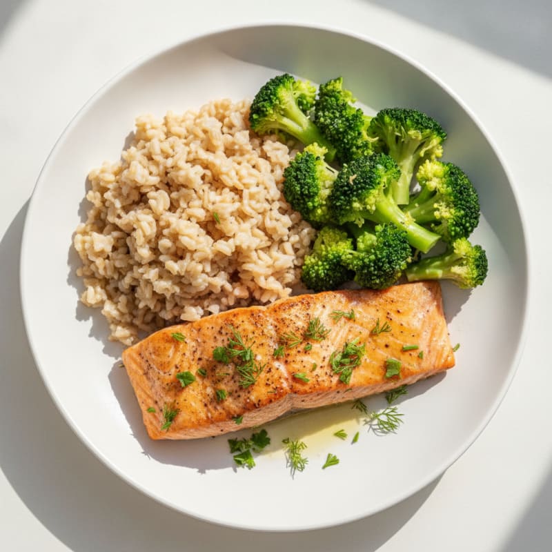 Herb-Roasted Salmon with Steamed Broccoli and Brown Rice