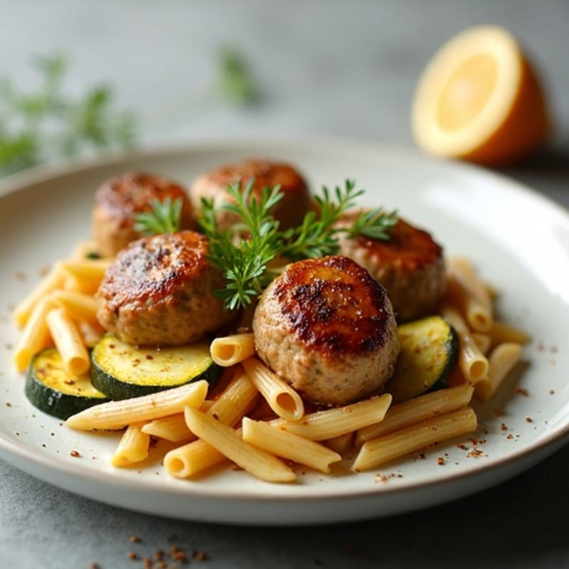 Seared Turkey Meatballs with Whole Wheat Penne and Roasted Zucchini