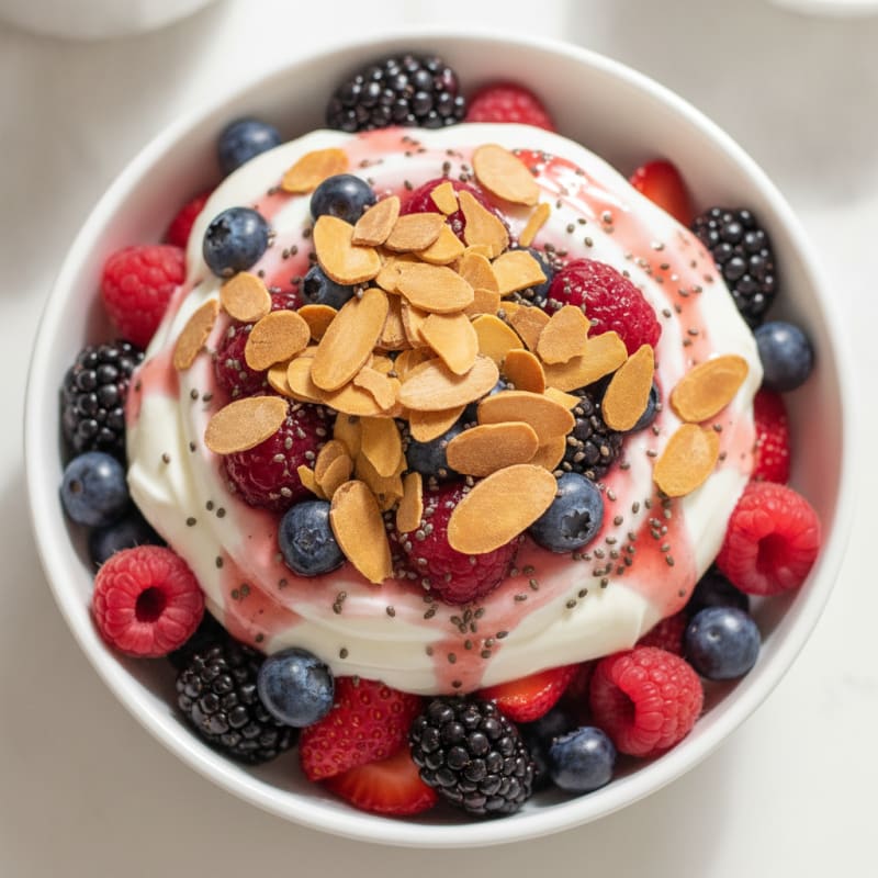 Greek Yogurt Protein Parfait with Mixed Berries and Almonds