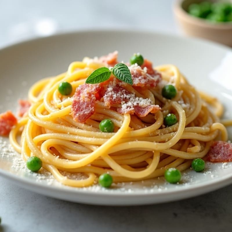High-Protein Creamy Carbonara-Style Pasta with Crispy Prosciutto and Fresh Peas