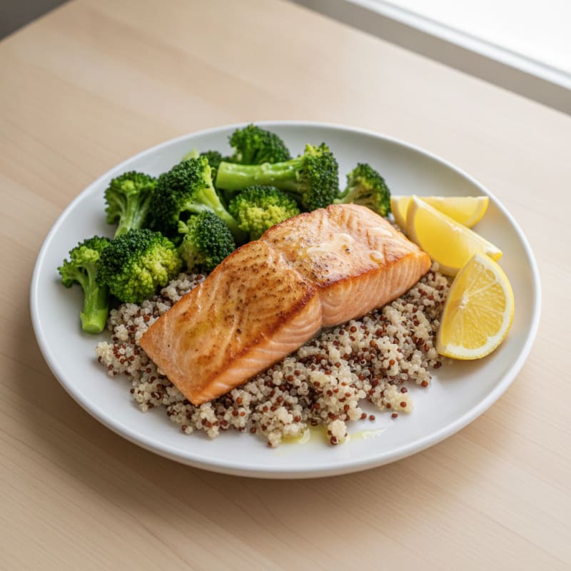 Seared Salmon with Steamed Broccoli and Quinoa