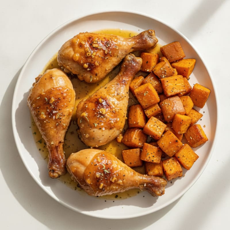 Honey-Garlic Chicken Legs with Roasted Sweet Potatoes