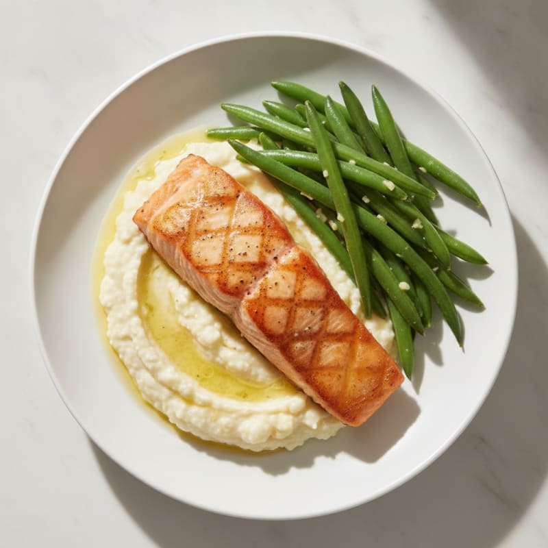Seared Salmon Fillet with Steamed Green Beans and Garlic Cauliflower Mash