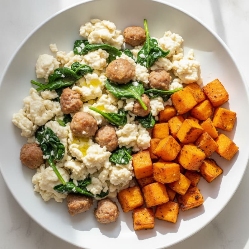 Egg White and Turkey Sausage Scramble with Spinach and Roasted Sweet Potato