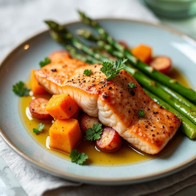 Seared Salmon with Roasted Sweet Potato and Asparagus