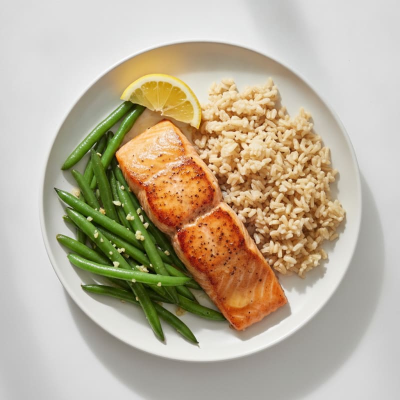 Seared Salmon with Garlic Green Beans and Brown Rice