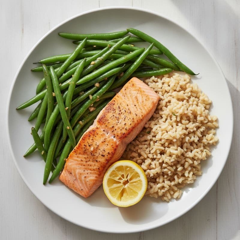 Seared Salmon with Garlic Green Beans and Brown Rice