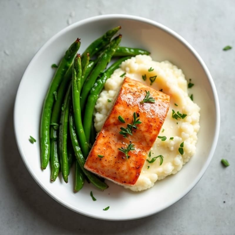 Seared Salmon with Steamed Green Beans and Cauliflower Mash