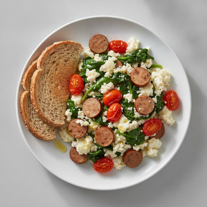 Egg White and Turkey Sausage Scramble with Spinach and Tomatoes