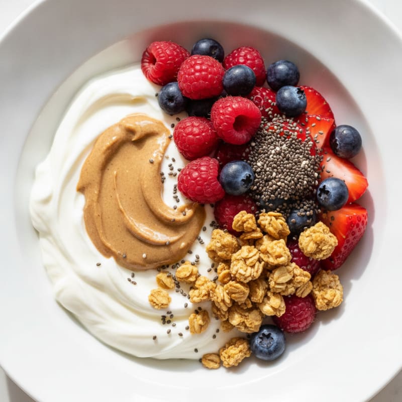 Creamy Greek Yogurt Bowl with Mixed Berries, Almond Butter and Chia Seeds