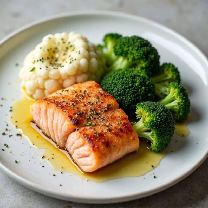 Seared Salmon with Steamed Broccoli and Garlic Cauliflower Mash