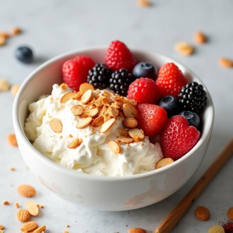 Creamy Vanilla Cottage Cheese Bowl with Fresh Berries and Crunchy Almonds