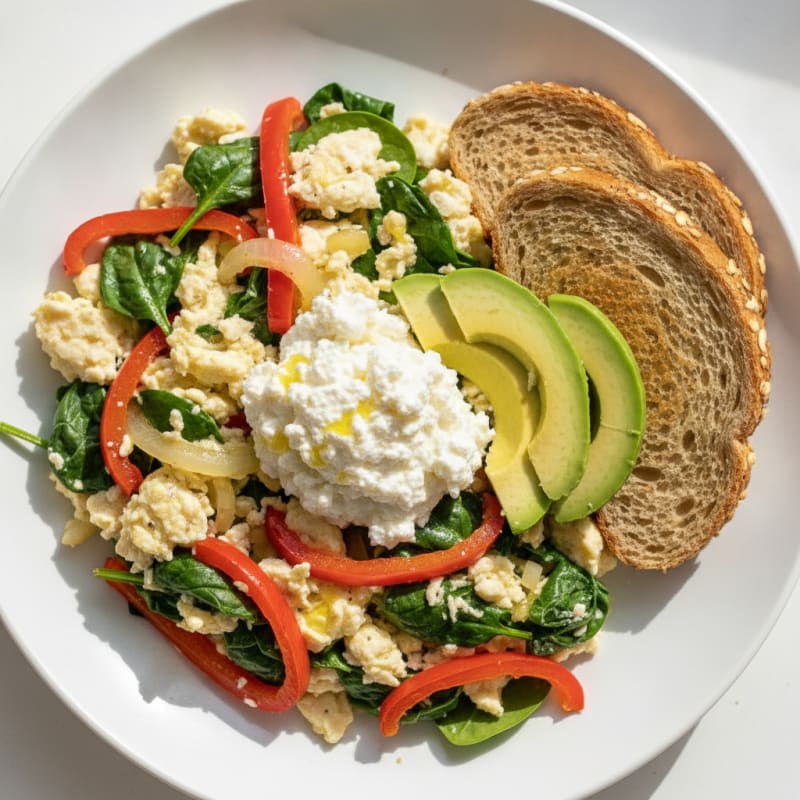 Egg White Veggie Scramble with Cottage Cheese and Spinach