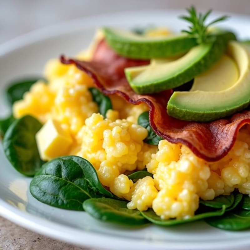 Cottage Cheese Egg White Scramble with Spinach and Turkey Bacon