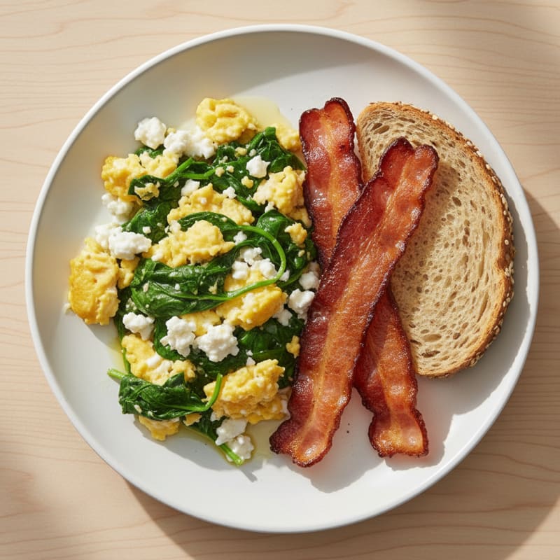 Cottage Cheese Scramble with Spinach and Turkey Bacon