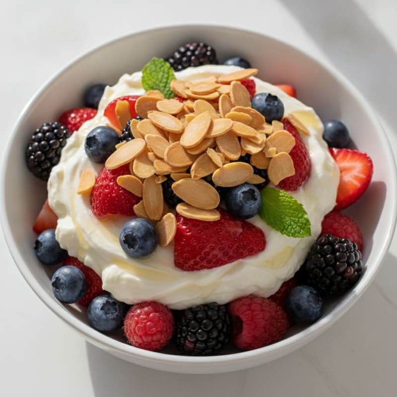 Greek Yogurt Protein Parfait with Mixed Berries and Almonds