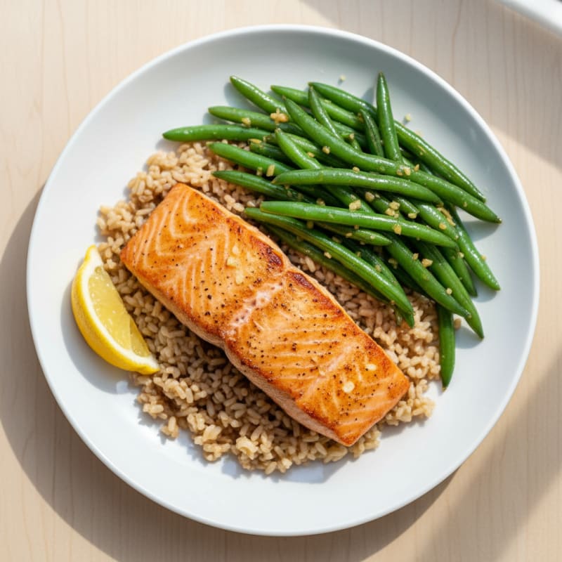 Seared Salmon Fillet with Garlic Green Beans and Brown Rice