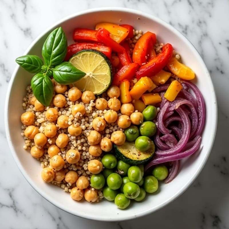 Crispy Chickpea & Roasted Veggie Quinoa Bowl with Creamy Lemon Tahini Dressing
