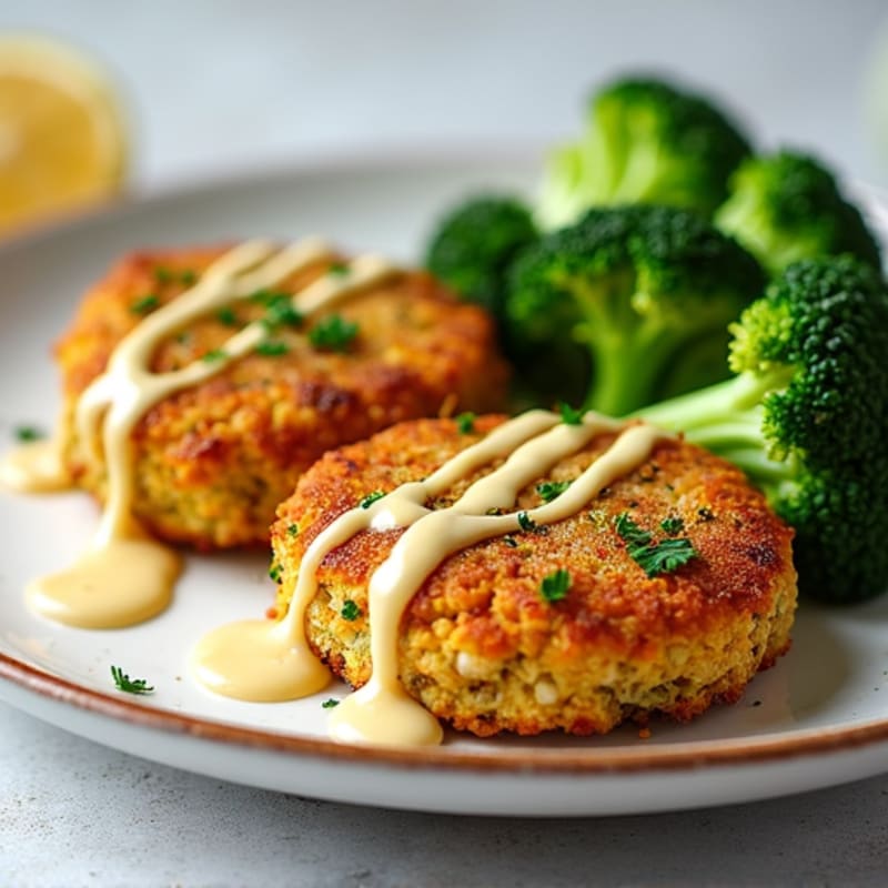 Crispy Lentil Patties with Steamed Broccoli and Lemon Tahini Drizzle
