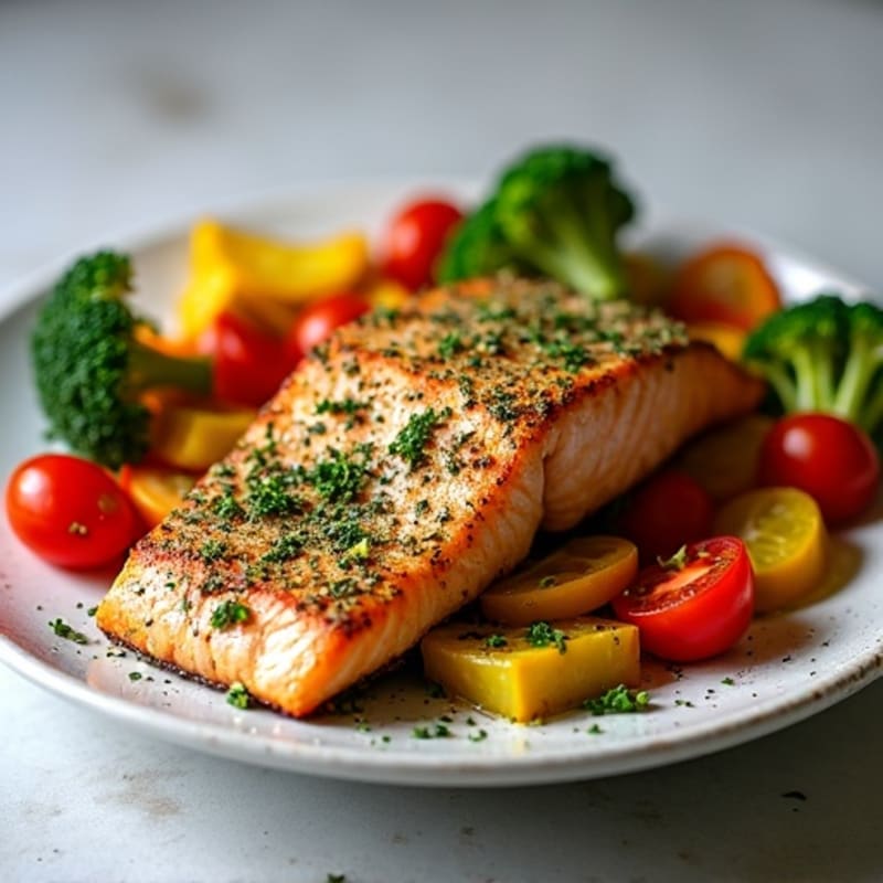 Herb-Crusted Pan Seared Salmon with Roasted Vegetables